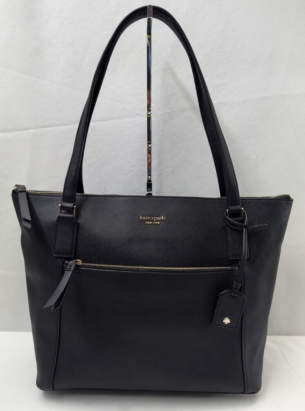 Kate Spade Cameron Black Crossgrain Leather Pocket Zipper Satchel Tote Bag
